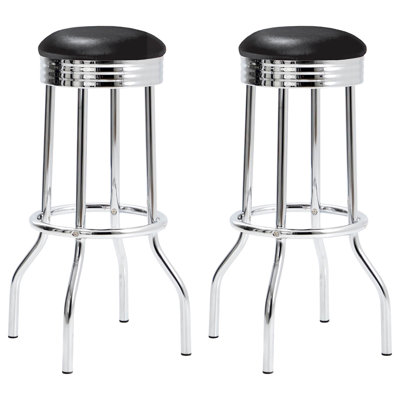 Bar Stools  2  - Contemporary Style, Black , Frame 2 Retro Style Seat, Thick Footrest, Dining Room