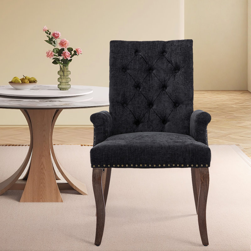 Modern Chenille Upholstered Dining Chair - Hand-Tufted Button Backrest, Curved Solid Wood Legs, Single Pack, Black