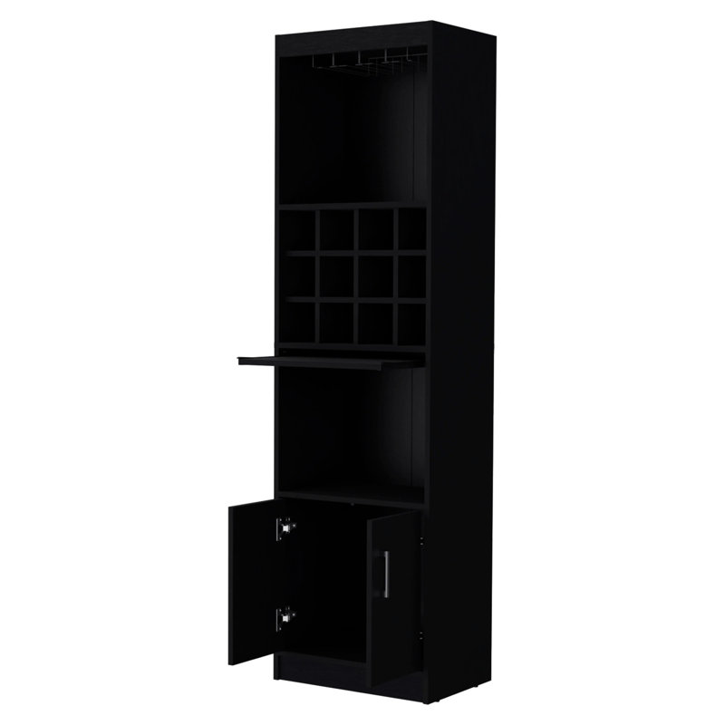Black Bar Cabinet For Home - Engineered Wood, 15 Shelves, Wine Holder, 71.1x20x13.3 Entertaining In, Black