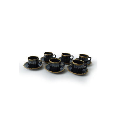 Ensemble de tasses à thé élégantes (12 pièces), bleu foncé et or, 2,8 x 5,1 pouces (tasses), 5,5 x 5,5 pouces (soucoupes) | 100% grès céramique, antibactérien, écologique, va au lave-vaisselle et au micro-ondes | Parfait pour les amateurs de thé et les réceptions