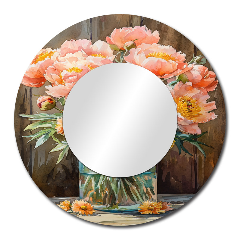 Bouquet de pivoines dorées à la ferme I - miroir mural pivoines - imprimé sur métal, 29 po x 29 po