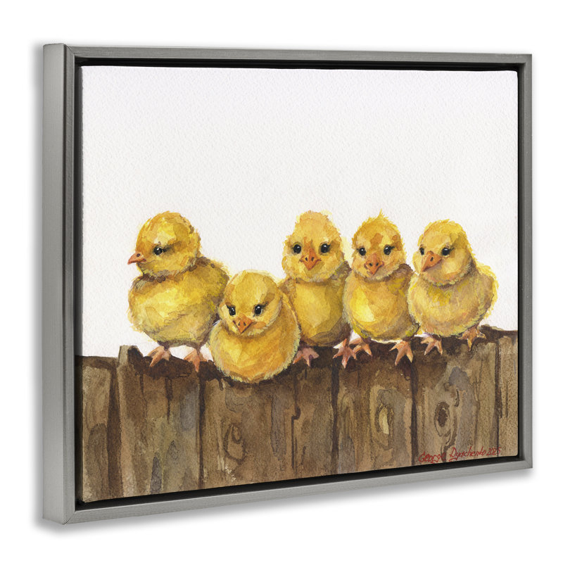 Poussins sur le cadre flottant de la clôture, conception de George Dyachenko, H 17 po x l 21 po, Cadre flottant gris lustré