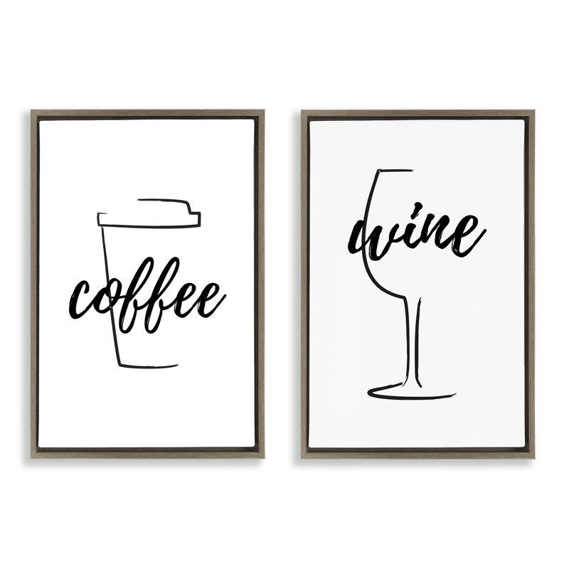 «Simple Coffee Wine Dessin», ensemble de 2 toiles flottantes encadrées noires par Martina Pavlova, H 31 po x l 21 po