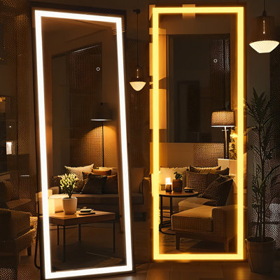Miroir de 65 po x 22 po avec lumières, garde-corps debout, miroir suspendu pour salon, vestiaire carré, noir