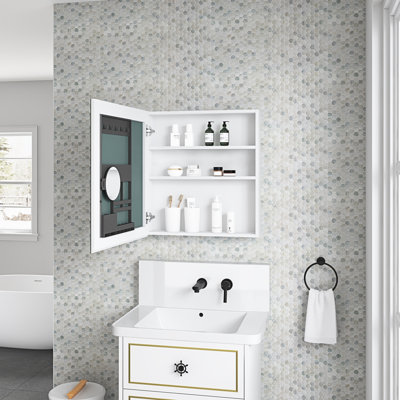 Pharmacie pour salle de bain 24 po x 26 po à miroir biseauté - Porte à ouverture à gauche, rangement spacieux, miroir, bois, charnières silencieuses, ouverture de porte d'armoire 24 po x 26 po, espace de rangement généreux, bois d'ingénierie