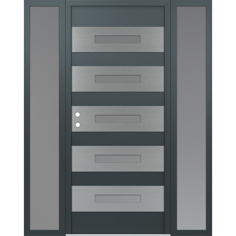 D9 68 po à droite X 80 po Panneau d'entrée en acier argenté anthracite et verre givré anthracite avec 2 portes avant en verre givré