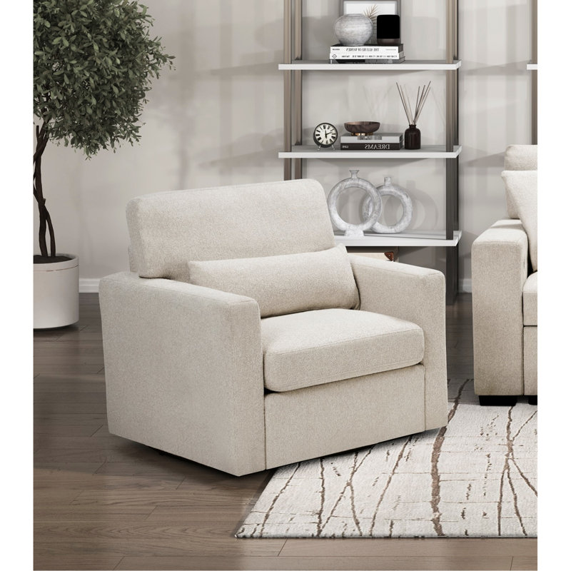 Fauteuil ergonomique pivotant à 360 degrés, revêtement beige Boucle, structure en bois massif pour fauteuil