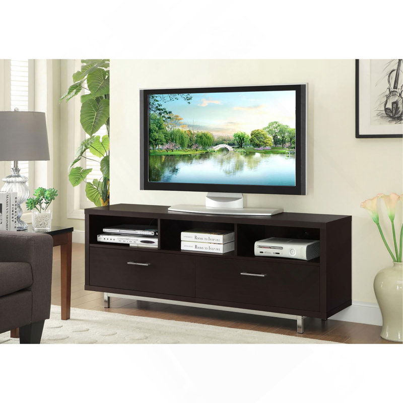 Console de télévision moderne de 60 pouces avec rangement de tiroir et compartiments ouverts, parfaite pour les salons contemporains.
