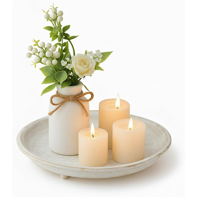 Farmhouse Wooden Bead Garland With Tassels And Candle Plate Holder Tray, Rustic Decorative Tray For Home