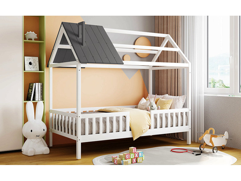 Lit simple en bois avec clôture, Blanc / Gris