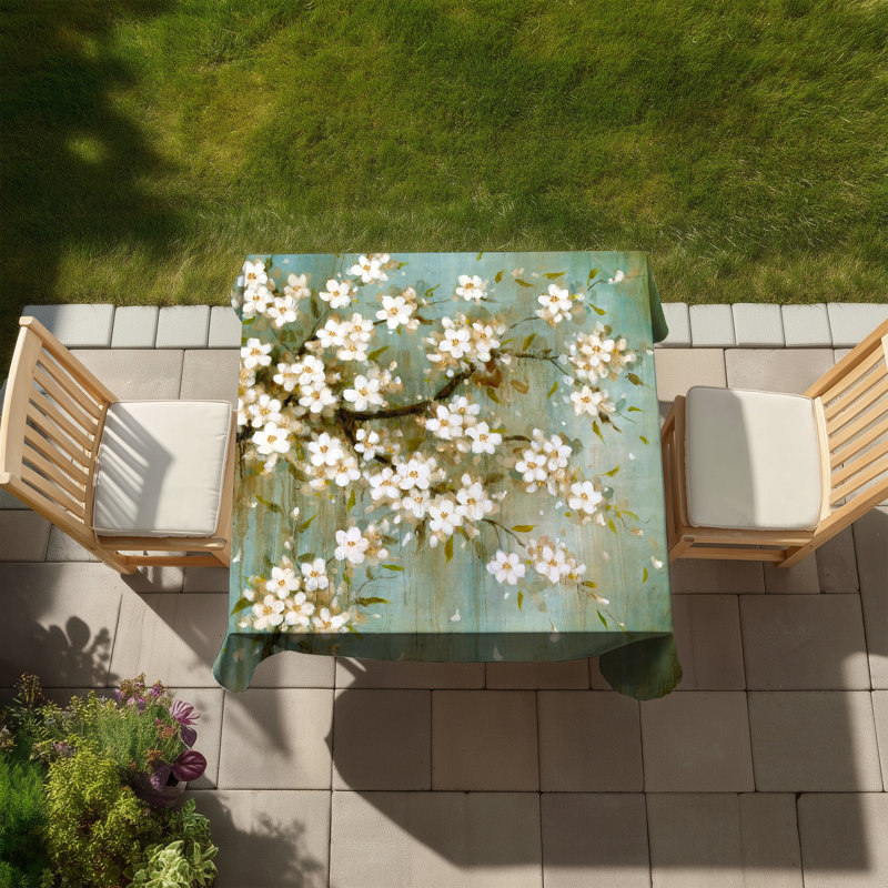 White Cherry Blossom Tablecloth | Botanical Turquoise Decor