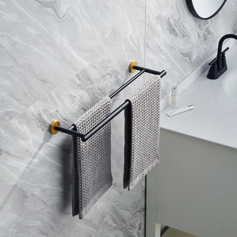 Double barre à serviettes en acier inoxydable brossé, porte-serviettes mural pour salle de bain, Noir mat / Or