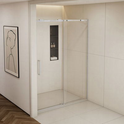 56-60"W x74"H Semi-Frame Single Sliding Shower Door,304 Stainless Steelin, 5/16" (8mm) Thick SGCC Tempered Clear Glass,Type C Wrapped Guide Rail Anti-derailment Pulley