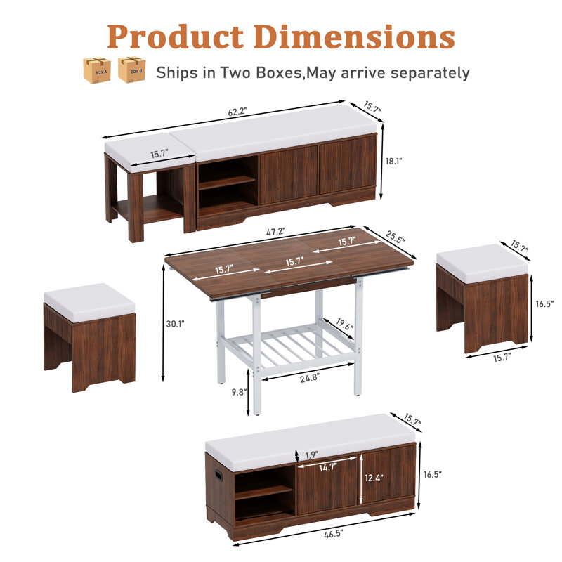 Ensemble de table de coin-repas extensible avec bancs et tabourets de rangement, ensemble de table de salle à manger de coin 6 pièces