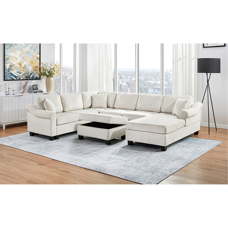 Canapé modulaire Canapé modulaire rembourré en chenille de 111,8 po avec repose-pieds de rangement mobile pour le salon, blanc