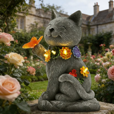 Solar Cat Cuvier With Light – 9" Tall Realistic Gray Resin, Waterproof & Fade-Proof, 6-8H Runtime, Auto On/Off At Dusk, Outdoor Decor For Patio, Yard, Balcony, Gift For Cat Lovers, Gardeners, Housewarming, Mother’S Day, Christmas