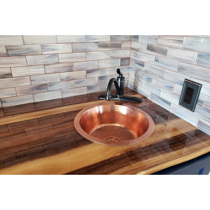 14" Round Hammered Copper Bar Sink with 2" Drain Opening in Polished Copper