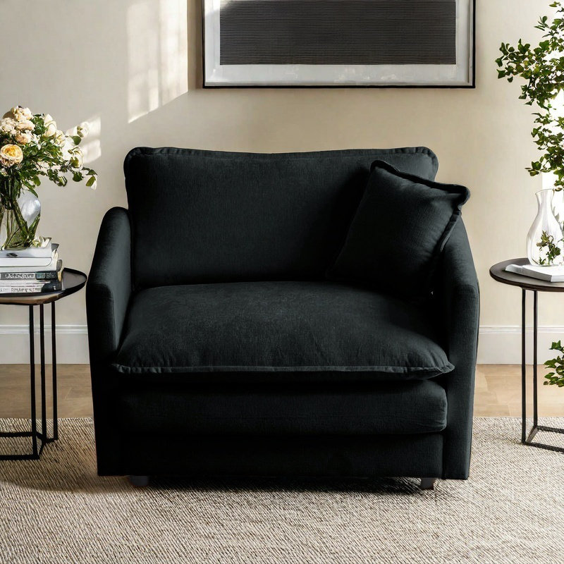 Modern Accent Arm Chair With Ottoman, Black Cotton