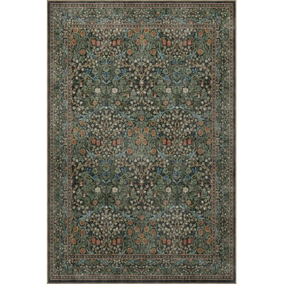 Dark Green Patterned Washable Decorative Carpet
