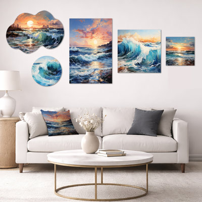 Beach Sunrise Tranquil Horizons I – Large Turquoise Coastal Wall Decor, 5 Piece Framed Canvas and Metal Wall Art Set (100" x 40")