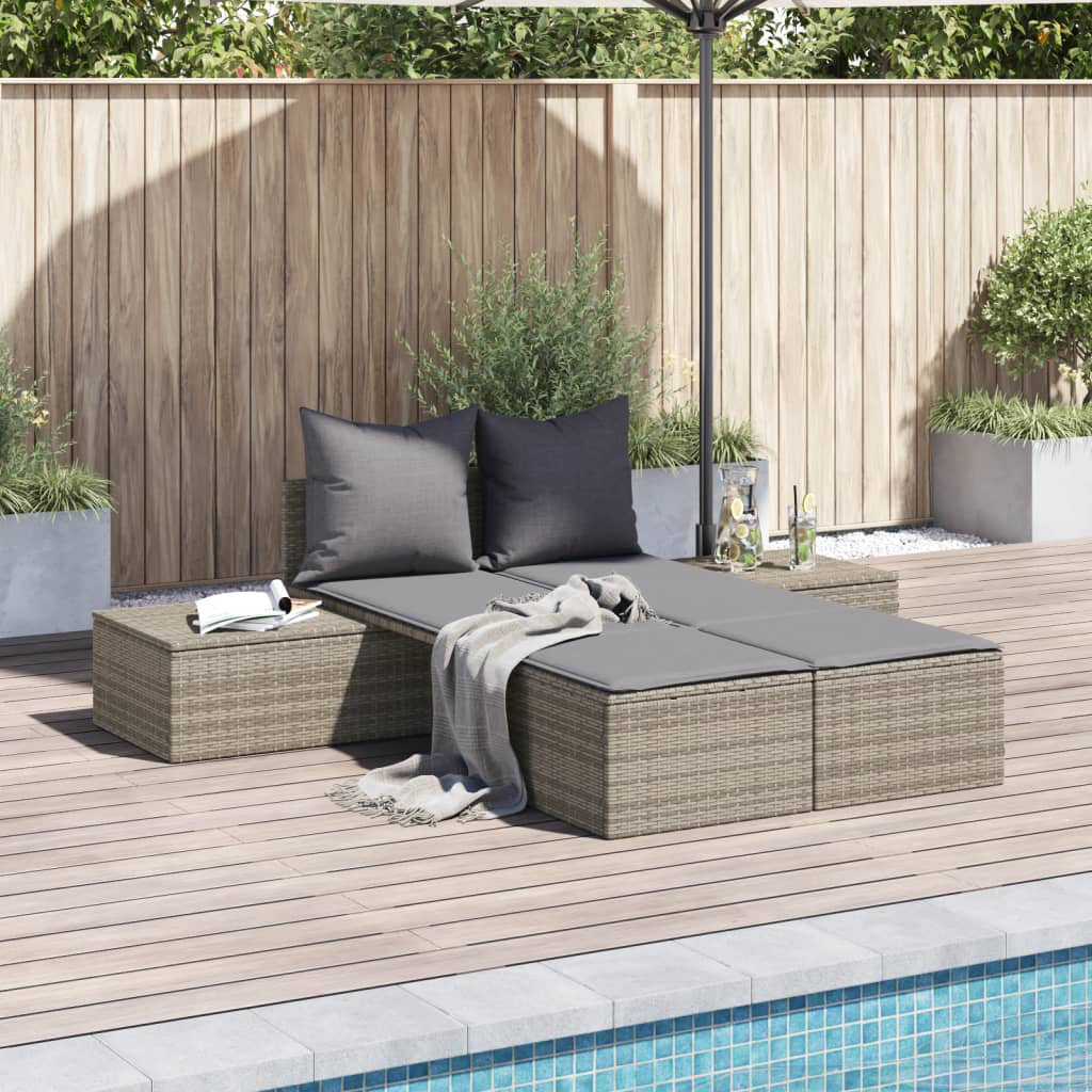 Vidaxl Doppel-Sonnenliege Mit Kissen Hellgrau Poly Rattan