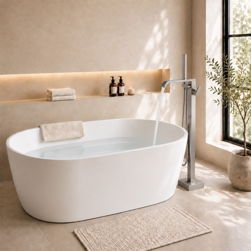 Robinet de baignoire sur pied à poignée unique avec douchette, Nickel brossé