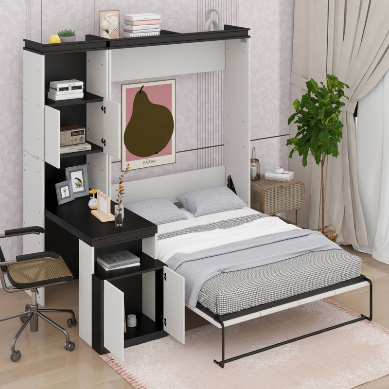 Lit escamotable double en bois avec bureau, tablettes et armoires de rangement
