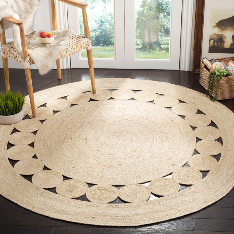 Tapis de couleur unie en jute tissé à la main en fibre naturelle Venessa, Rond 3 pi