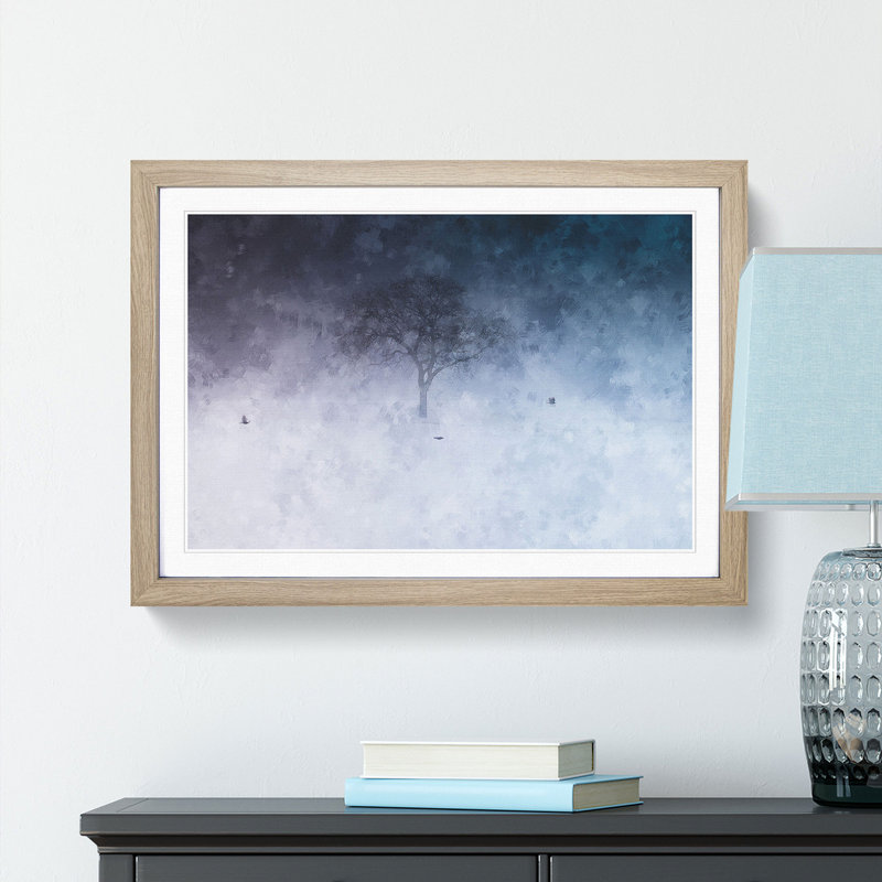 Birds Passing A Tree In Geneva Painting - Single Picture Frame Print on MDF, 24cm H x 33cm W x 2cm D, Oak