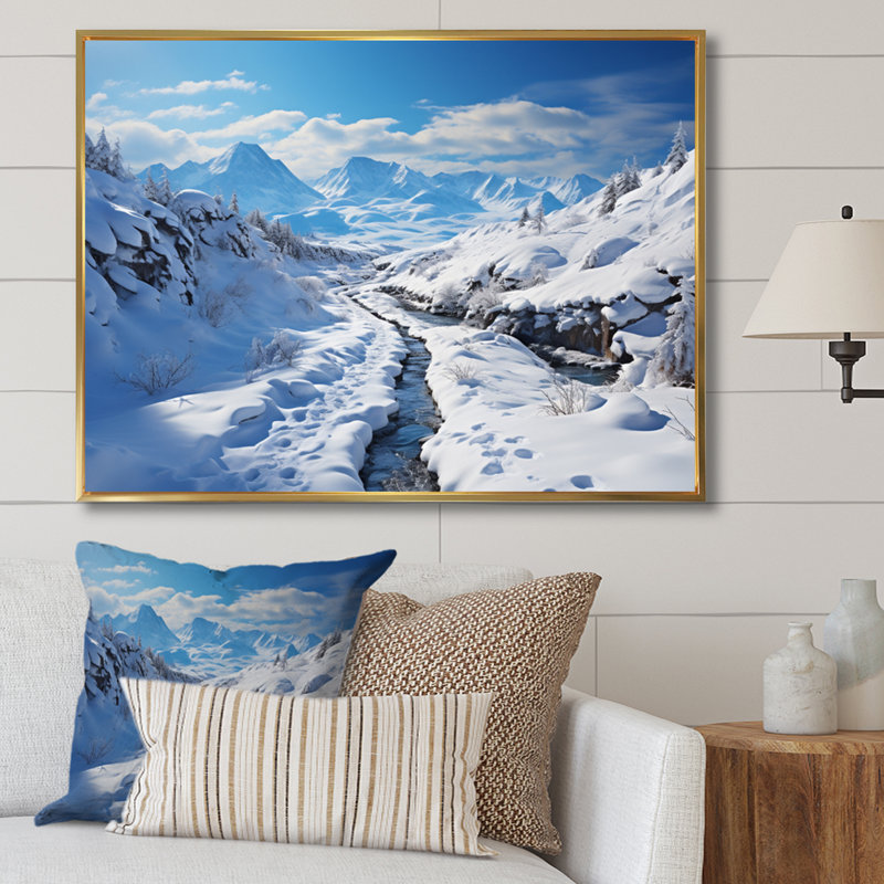 " Winter Mountain Charm ", 34" H x 44" W x 1.5" D, Gold Floater Framed