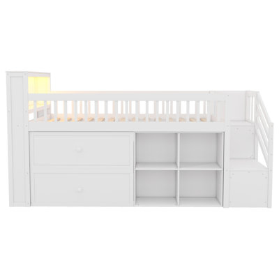 Twin Size Kids Wood Loft Bed with LED, Stairs, Storage Drawers & Bookshelf, Low Space-Saving Bed, White