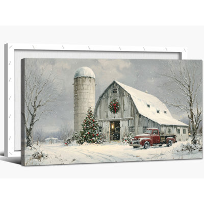 Art mural de scène hivernale - Noël, paysage de grange, art mural rétro sur toile de camion rouge pour le salon, impression sur toile encadrée, 16 x 32 po