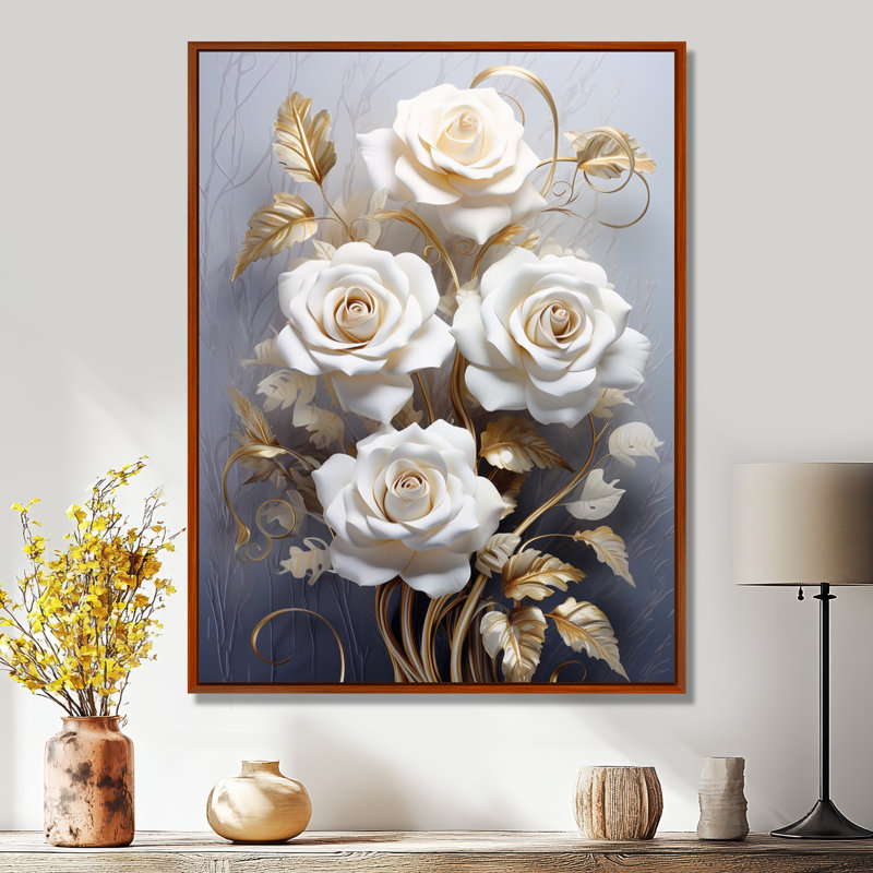«White Rose Golden Leaves On Grey I - Roses», reproduction d'art, Toile avec cadre flottant brun, H 32 po x l 16 po x P 1 po