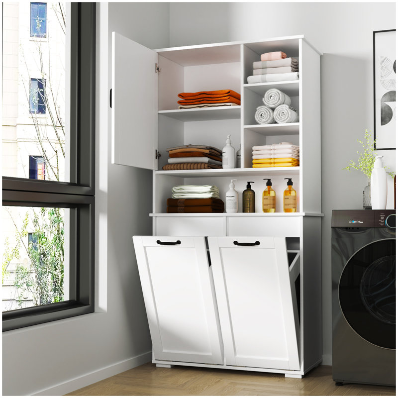 Tall And Wide Bathroom Cbinet With Multiple Storage Space, Door And Tilt-Out Laundry Hamper With Cloth Bag Basket, White