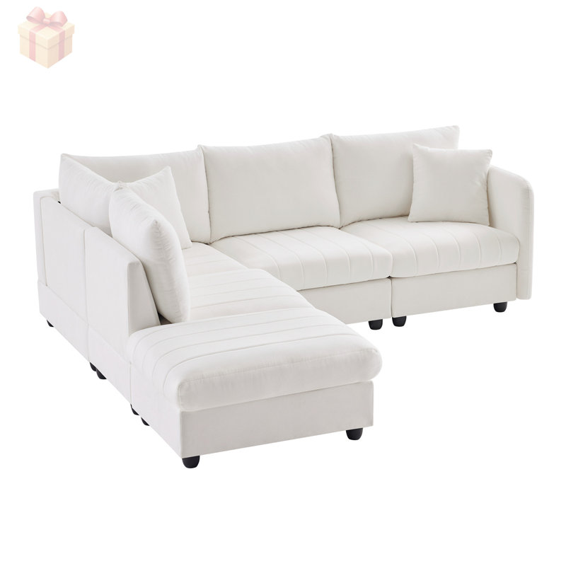 L-Shaped Sectional Sofa with Movable Ottoman and Striped Cushions, Perfect for Modern and Spacious Living Rooms, White