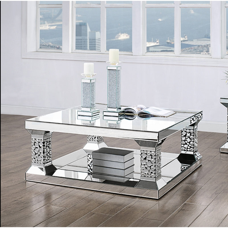 Mirrored Rectangular Coffee Table with Faux Gem Inlay