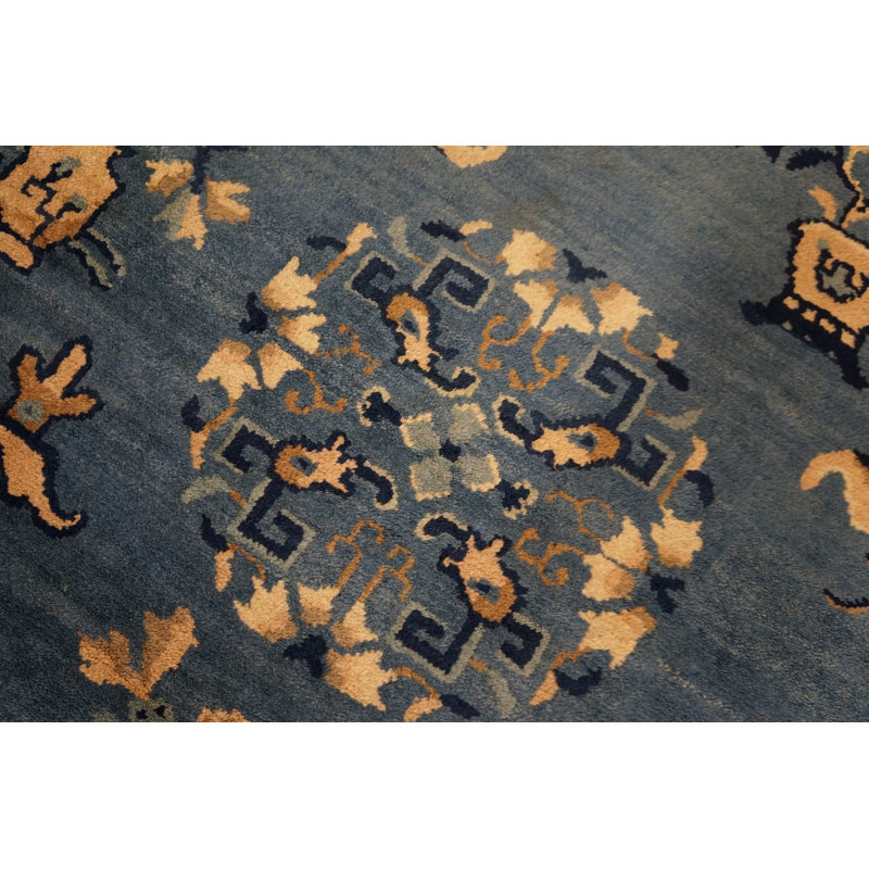 Blue Floral Medallion Hand Knotted Pile Rectangle Wool Antique 1920s Rug
