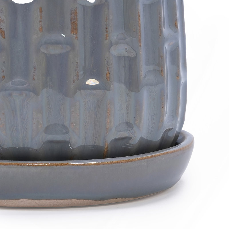 Ensemble de pots à fleurs en céramique émaillée faite à la main gris de 2, 6 po et 8 po de diamètre, à nervures verticales, pour les plantes d'intérieur et d'extérieur, pour les plantes grasses et les tables, en argile respirante avec soucoupes