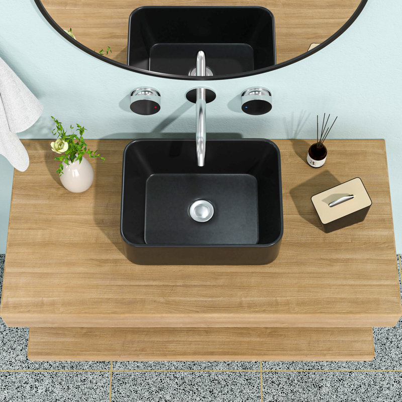 16"X12" Black Ceramic Rectangular Vessel Bathroom Sink, Black
