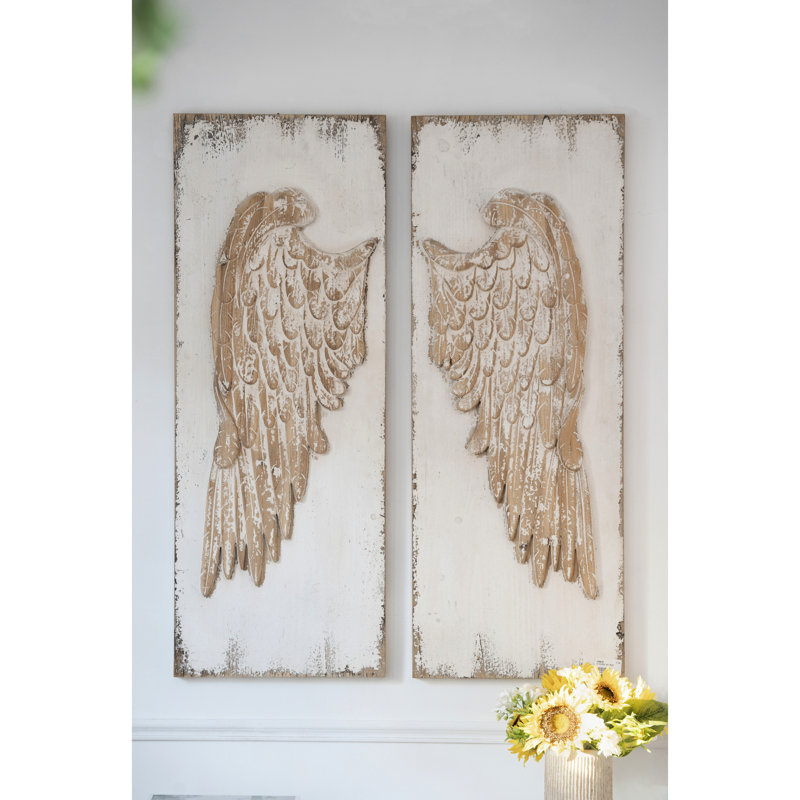 Ensemble de 2 panneaux muraux à oreilles en plumes avec finition blanche patinée, art mural suspendu, 42 po x 15,5 po