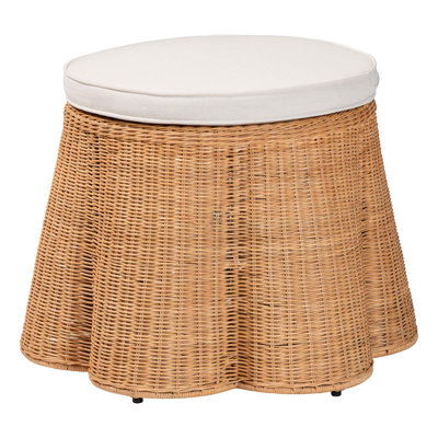 Bali & Pari Palm Scallop Natural Rattan Ottoman With Cushion – Handwoven Wicker Accent Stool Or Footrest For Living Room by Bay Isle Home
