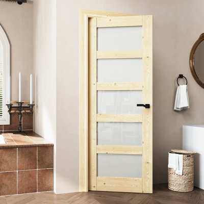 Interior 80H'' Solid Pine Wood Frosted Glass Slab Door 5-Panel Pantry Door French Style Doors