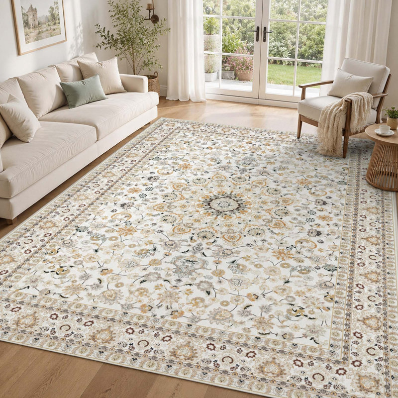 Tapis lavable beige à motif floral vintage de 152 x 213 cm avec envers antidérapant