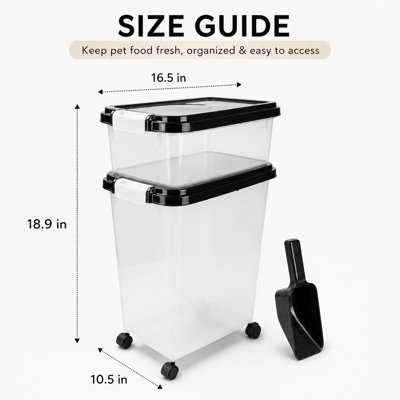 Stackable Pet Food Storage Container with Wheels, 2-Tier Dog and Cat Food Bin with Locking Lids and Included Scoop