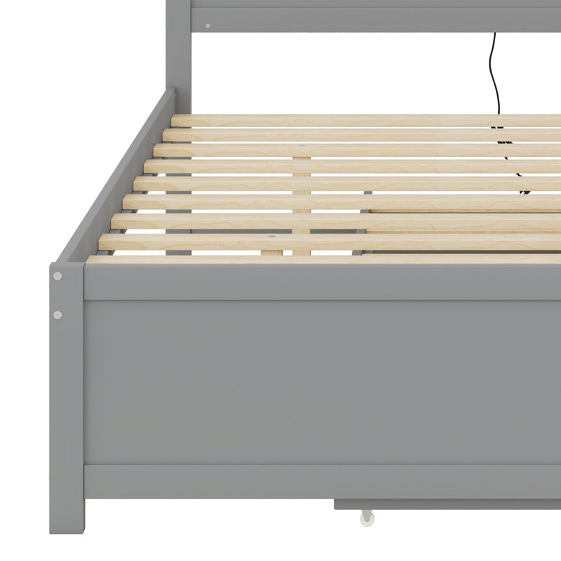 Lit plateforme avec lit gigogne, tiroirs et prises USB, Gris