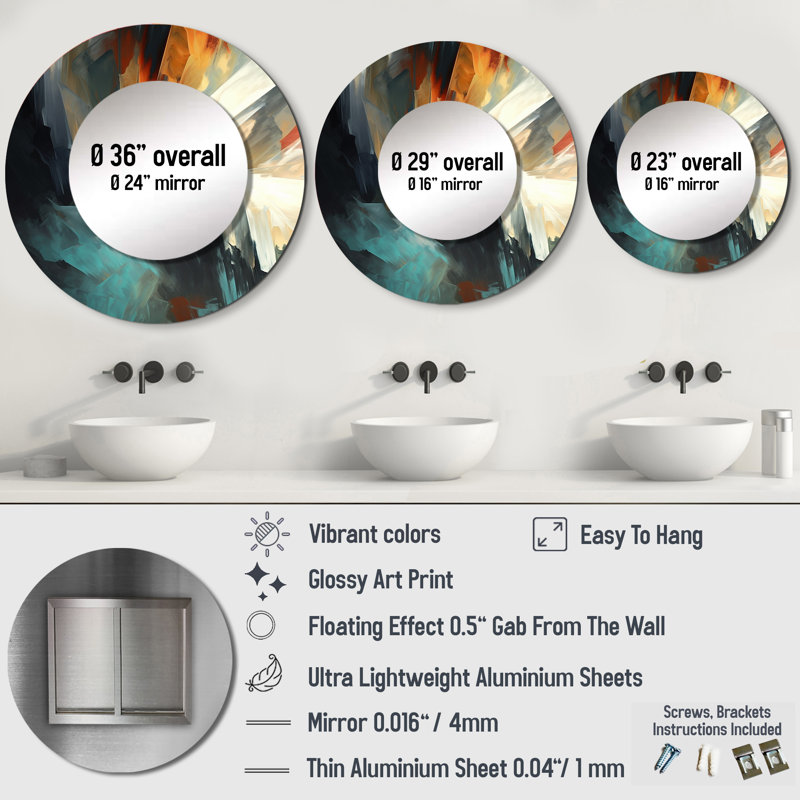 Raeola Orange And Blue Abstract Mixed Colors I - Minimalism Mirror, Orange Round Unique Wall Mirror, Printed Metal Art