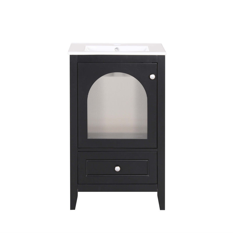 20" Black MDF Bathroom Vanity with Ceramic Sink and Glass Door