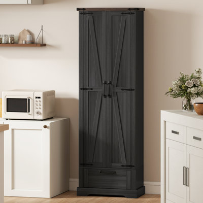 Garde-manger de 71 po de hauteur, armoire de rangement de ferme avec portes de grange, tiroir et tablettes réglables, garde-manger autoportant pour cuisine, salle à manger, noir