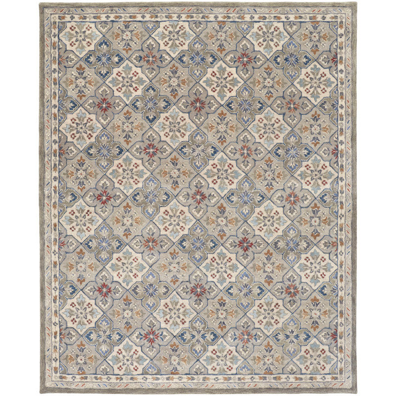 Atlandida Oriental Handmade Tufted Cotton/Wool Fog Gray/Blue/Red Area Rug, Rectangle 8' x 10'