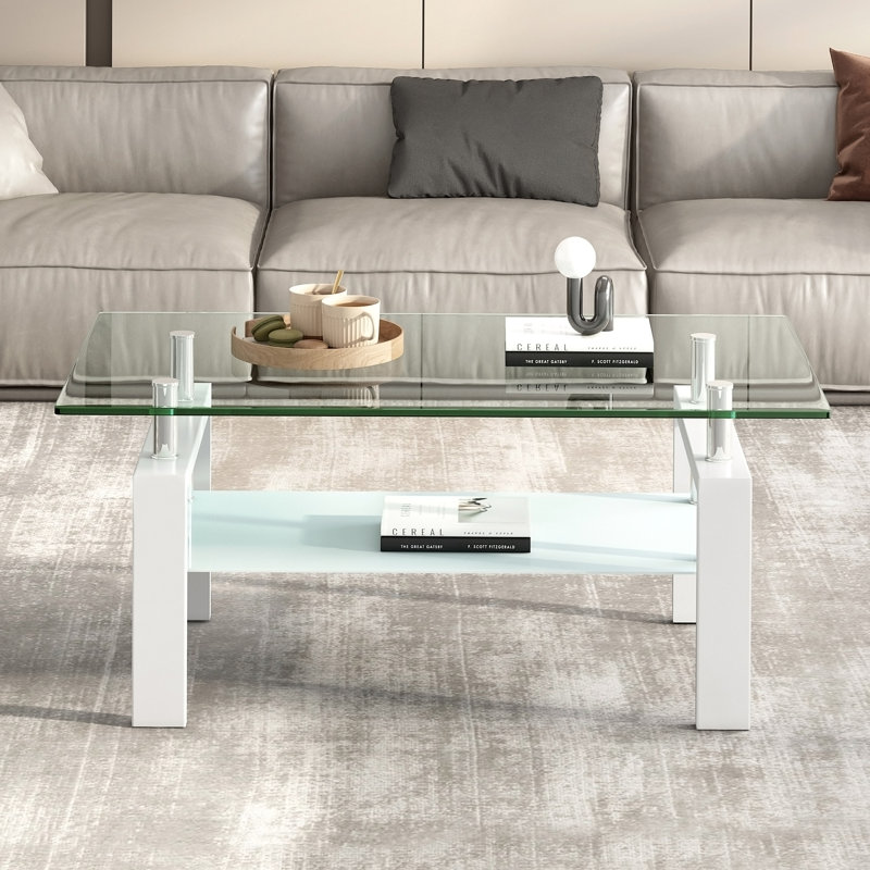 Table basse de salon en verre trempé transparent, 2 couches